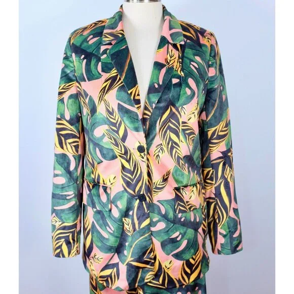 Farm Rio sz XS pant suit jacket velour palm tiger leaf tropical print
